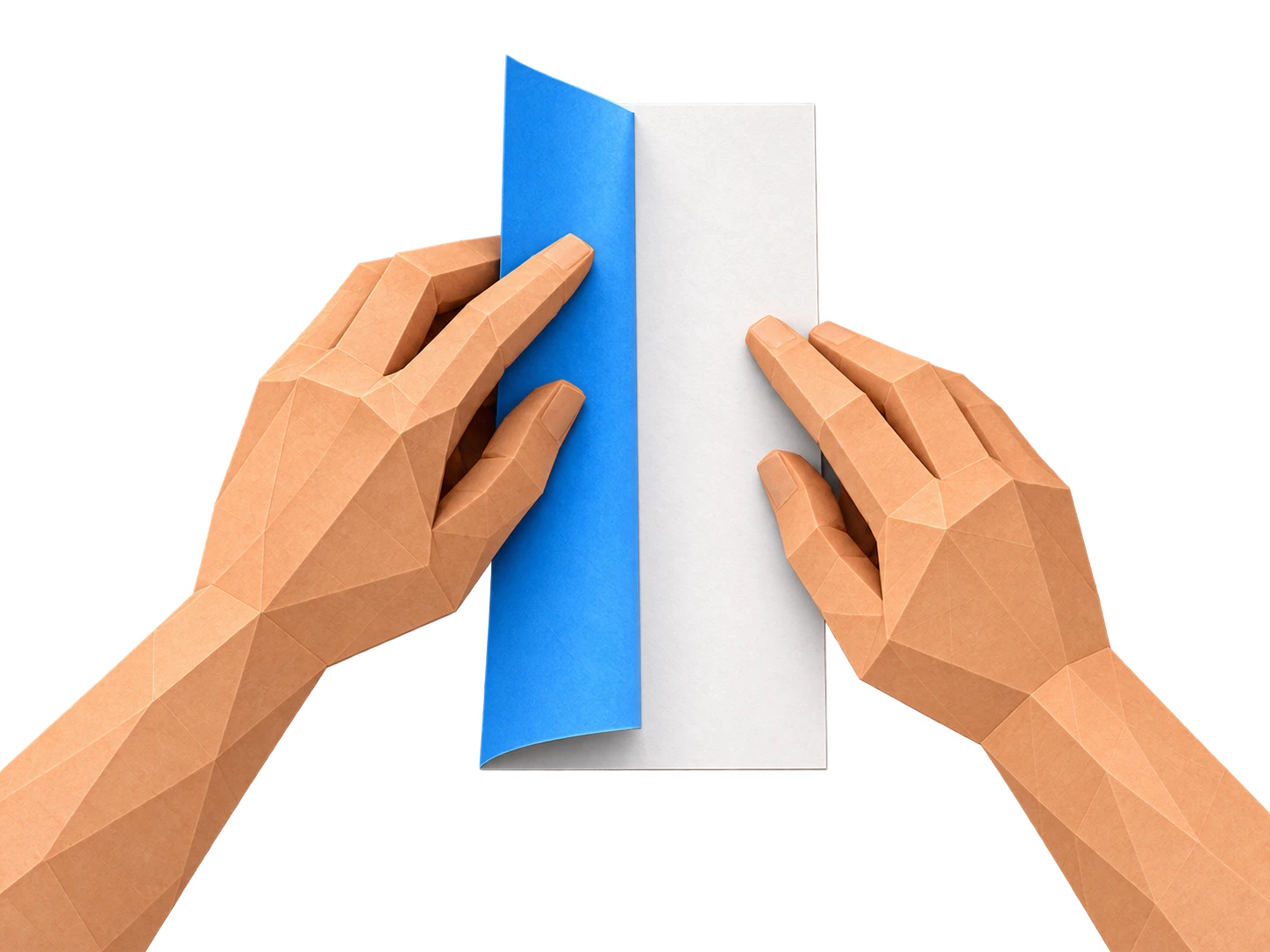 Faceted paper hands demonstrate bringing one long edge of a two-colored sheet to the other